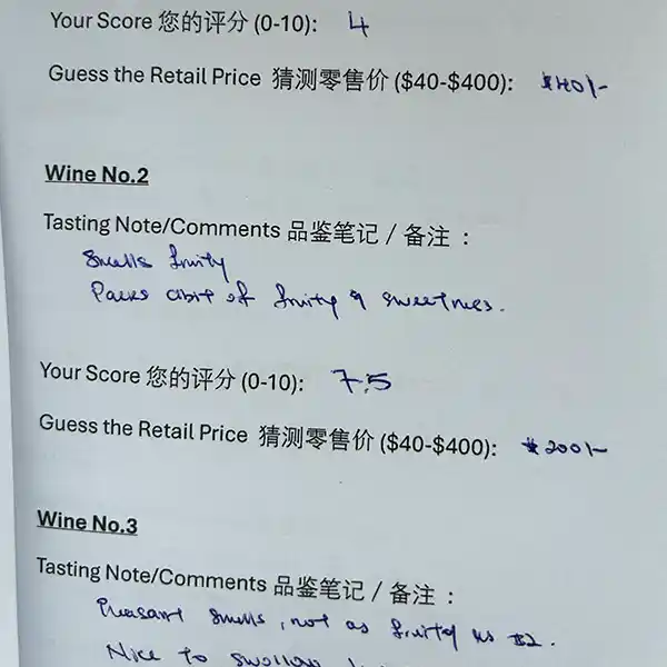 Wine tasting scorecard with community member feedback and ratings